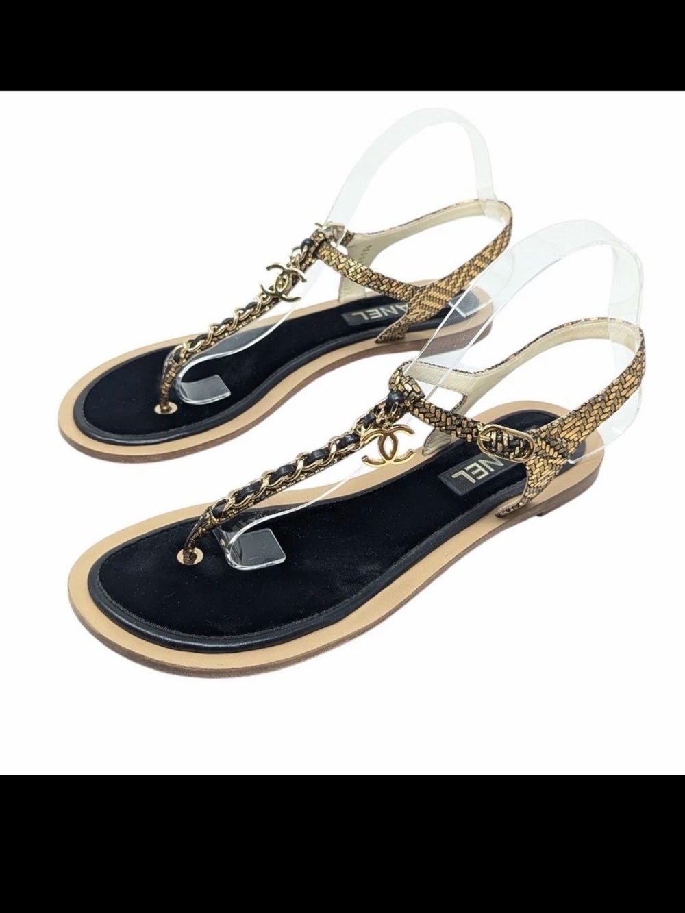 CHANEL Black & Gold Chain T-Strap Sandals - Picture 2 of 8